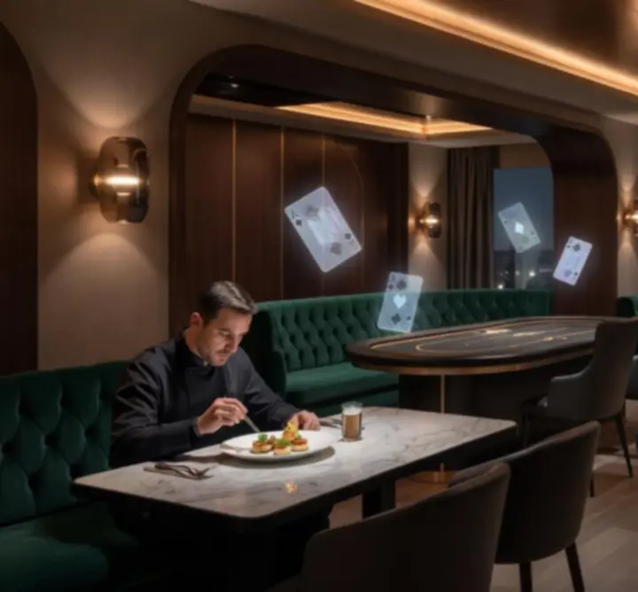 luxus lounge hangulat pókerasztalokkal és kifinomult étteremmel